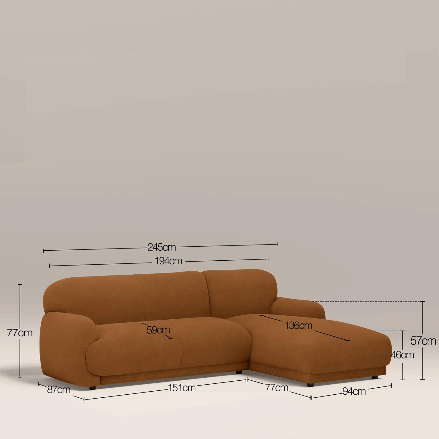 Cloud Right Hand Chaise Sofa | Caramel Brown Sustainable Mohair Velvet