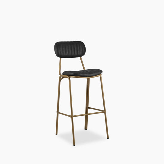 Boston Bar Stool With Backrest | Vintage Black Faux Leather & Brass