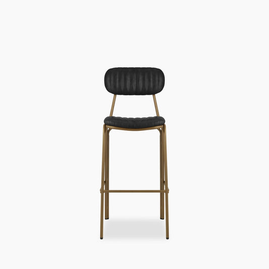 Boston Bar Stool With Backrest | Vintage Black Faux Leather & Brass