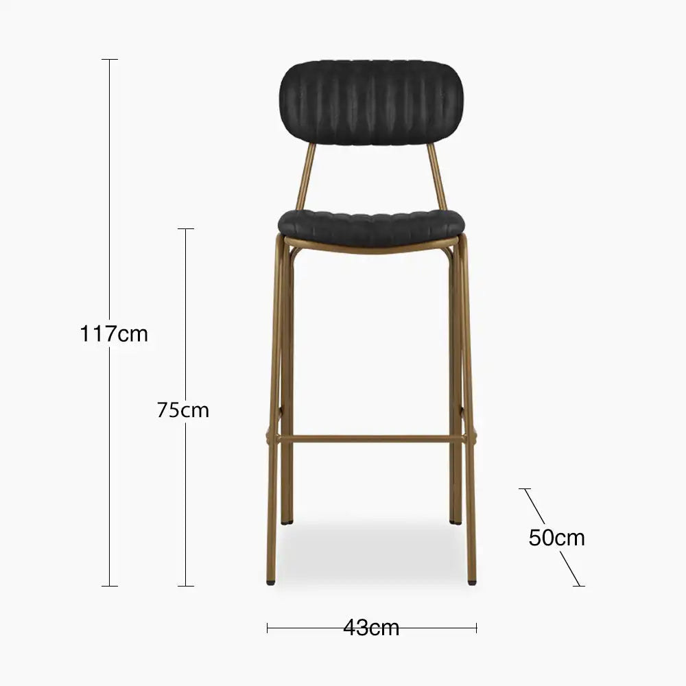 Boston Bar Stool With Backrest | Vintage Black Faux Leather & Brass
