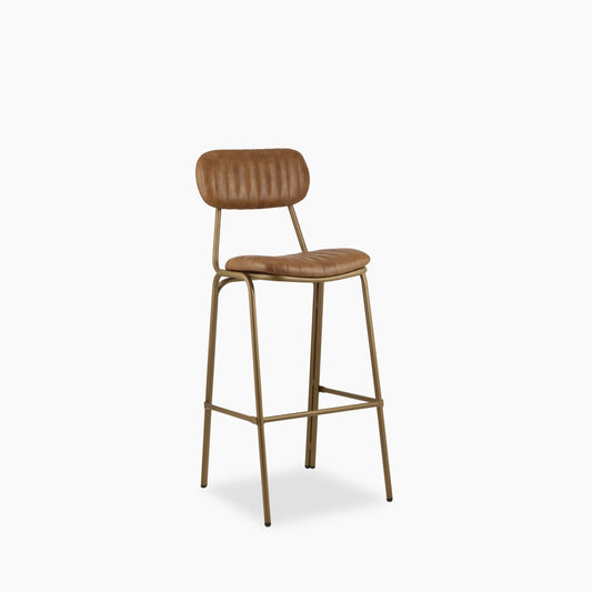 Boston Bar Stool With Backrest | Vintage Tan Faux Leather & Brass