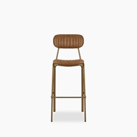 Boston Bar Stool With Backrest | Vintage Tan Faux Leather & Brass