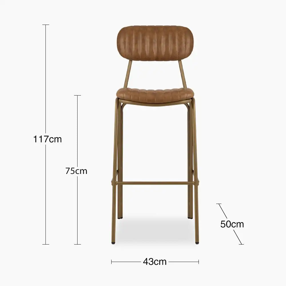 Boston Bar Stool With Backrest | Vintage Tan Faux Leather & Brass